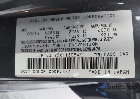 2015 Mazda Mazda6 I Touring z USA, uszkodzony, nr VIN JM1GJ1V56F1208425